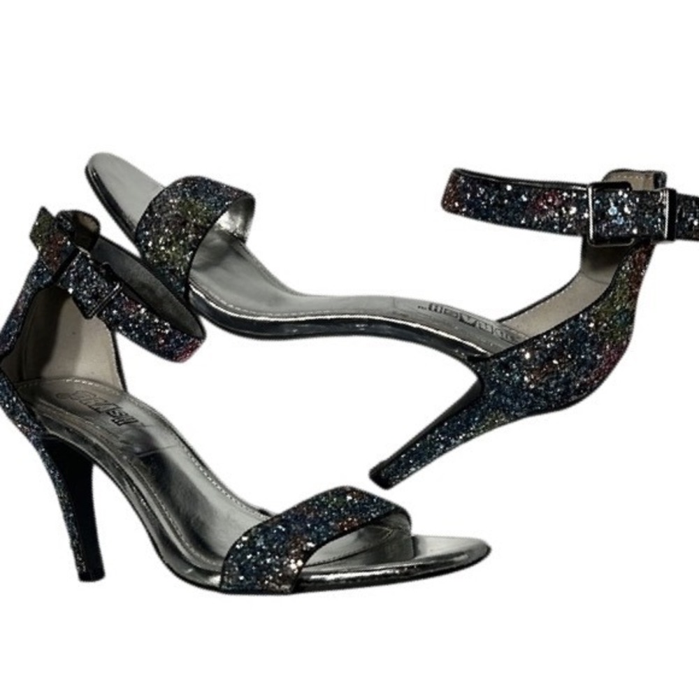 Brash Multi Color Glitter Ankle Strap Stiletto Heels‎ Silver Metallic Size 6.5